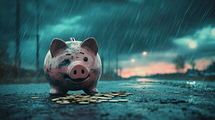 A damaged piggy bank with a sad expression, coins spilling, and ominous rain clouds in the distance, conveying the emotional weight of economic hardship.