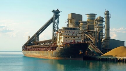 A massive cargo ship docked at a harbor, with conveyor belts transporting grain into its holds, illustrating global grain transportation. --ar 16:9 --v 6.1 Job ID: a529950f-2e21-41ef-add0-6d5d3af67b3f