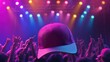 © Sasa Visual - A bold cap mockup stands on stage, captivating a cheering crowd with vibrant festival lights
