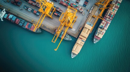 An overhead view of a bustling port where cranes load grain onto ships, representing the international grain trade supply chain.