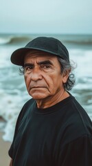 An older Latina man gazes thoughtfully as waves roll onto the sandy beach behind him