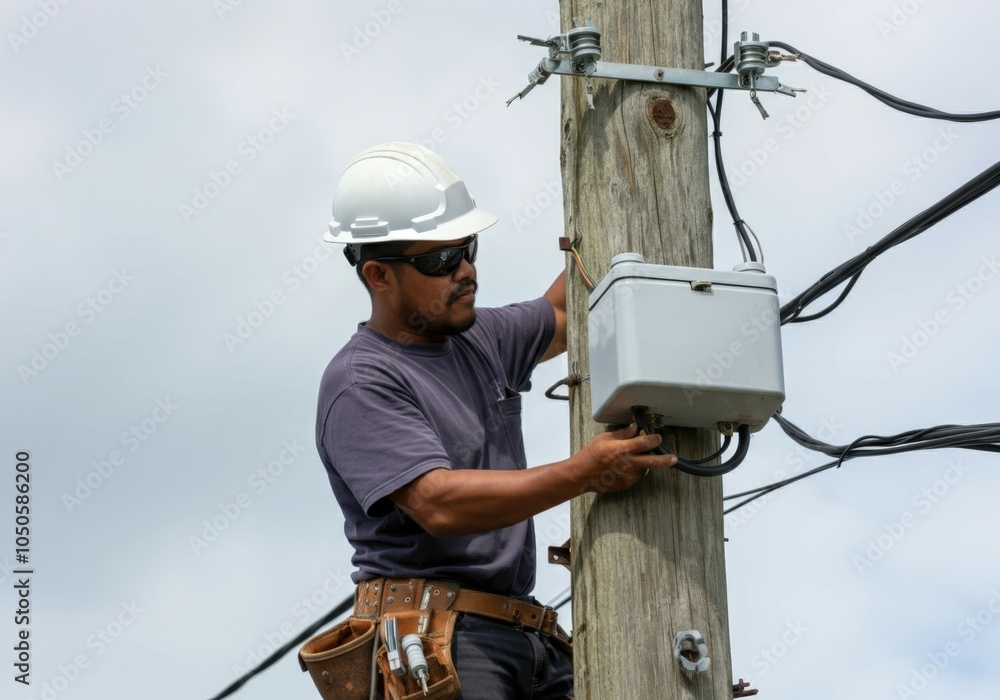 Electrician working on electrical power lines installing a new control ...