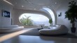 © Tarinee - A futuristic smart home interior featuring sleek furniture, large windows for natural light, and voice-activated devices seamlessly integrated into the minimalist design