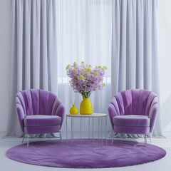 Two plush purple armchairs with a round rug. a coffee table with a yellow vase of flowers and a yellow diffuser in front of a window with sheer curtains