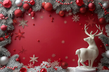 A white deer is standing in front of a red background with snowflakes