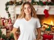 © WE.ARE.AI - Woman in blank white V-neck T-shirt posing with Christmas gifts around her, warm fireplace and holiday decor in the background, ideal for mock-up