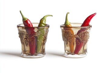 Two shot glasses filled with chili peppers on a table