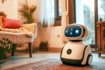 A robot companion interacting with an elderly person in a nursing home, providing companionship and assistance with daily tasks, addressing the challenges of an aging population.