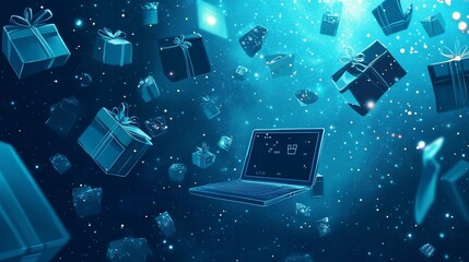 <cartoon> azure background in a technological and space style and in the center some laptop realistic, gift packages and coupons falling from the sky generative ai