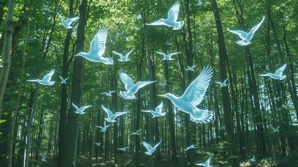 Poster - A flock of white birds fly through a lush forest.