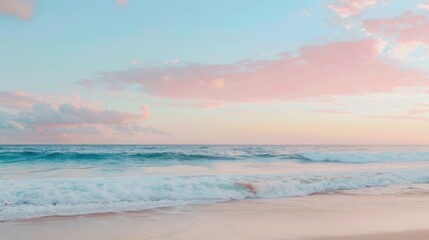 Wall Mural - A tranquil beach at sunset with pastel-colored skies and gentle waves, Coastal setting with serene ambiance, Pastel style