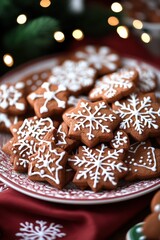 Wall Mural - A delightful assortment of decorated gingerbread cookies arranged on a festive plate, showcasing intricate icing designs with snowflakes and holly for a winter celebration