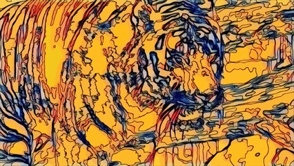 abstract image depicts a tiger, its form rendered in a bold and stylized manner. The artist has employed a technique that resembles stained glass, with the tiger's outline and details delineated by 