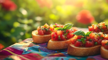 a picnic scene featuring bruschetta on toasted baguette slices, garnished with fresh basil and drizz