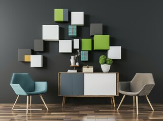 A modern living room interior with two armchairs. a console table. and a wall decor with geometric shapes