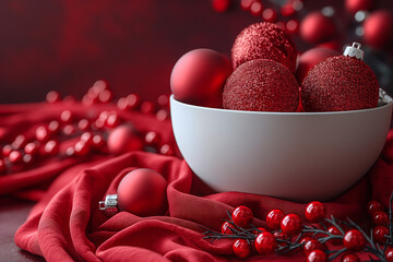 A bowl of red ornaments sits on a red cloth