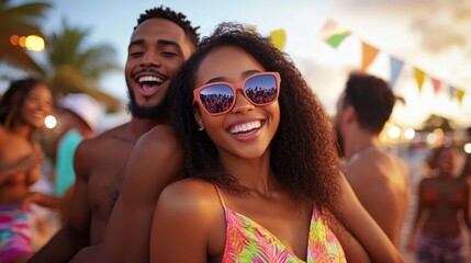 Beach Festival Fun: Couple's Joyful Embrace at Sunset Party 