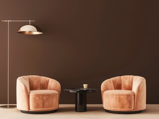 Two peach-colored armchairs with a black marble coffee table in front of a dark brown wall