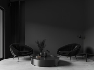 Minimalist living room interior with two black armchairs. a round coffee table. a vase with dried flowers. and a side table with a lamp The room is decorated in a monochrome palette with a grey concre