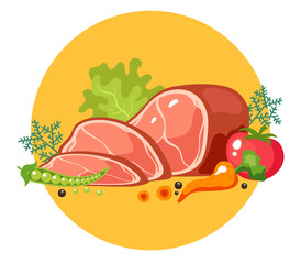 Fresh meat dish food on kitchen table concept. Vector design element cartoon illustration