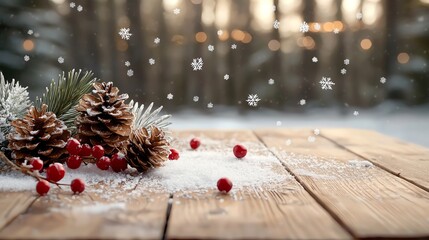 Christmas dinner table, snowy pinecones, red berries, warm holiday charm