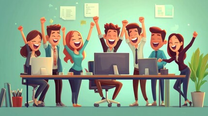 Wall Mural - A team of six happy office workers celebrating success with arms raised in the air.