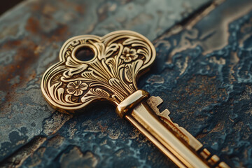 An elegant vintage key with floral engravings is placed flat on a weathered blue stone, showcasing its intricate design and craftsmanship in vibrant detail