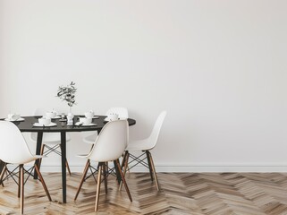 Modern dining room interior with a round black table. white chairs. and a white wall There is a plant on the table and a wooden floor