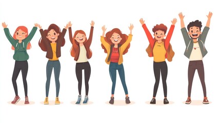 Wall Mural - Six diverse happy people with arms raised in celebration, standing in a row against a white background.