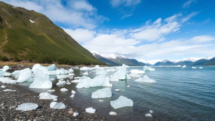 Canvas Print - Icebergs float in a calm bay with mountains in the background.