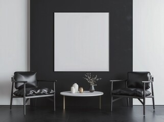 Two black leather armchairs with a round coffee table and a large white square canvas mockup against a black wall