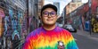 © AI Visual Vault - Urban Style Portrait: A young Asian man with glasses and a vibrant tie-dye shirt poses confidently against a graffiti-covered wall in a city street.  His expression is calm and self-assured.