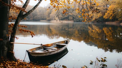 Aufkleber - A tranquil lake surrounded by autumn foliage with a small rowboat docked at the shore and reflections on the water, peaceful setting with autumn charm, Autumn Lake style