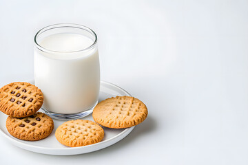 Glass of milk and cookies isolated on white background