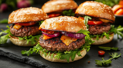 Canvas Print - Appetizing Close-Up Design Of A Gourmet Vegetarian Hamburger, Featuring Vibrant Colors From Roasted Vegetables And Vibrant Sauces, With A Subtle Green Leafy Background To Emphasize Freshness