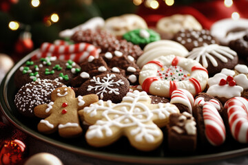 Wall Mural - Array Of Christmas Cookies, Including Gingerbread Men, Snowflakes, And Candy Canes, Beautifully Arranged On A Festive Platter Surrounded By Twinkling Lights