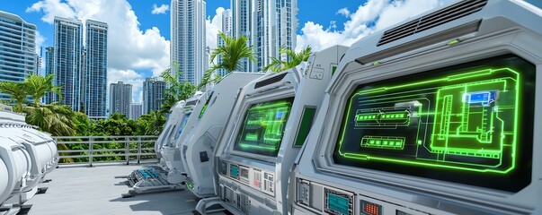 A futuristic urban landscape featuring high-rise buildings and advanced technological pods in a bright, sunny environment.