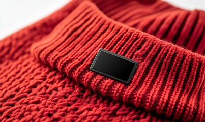 Red Knitted Beanie Hat with Black Unbranded Mockup Label on White Background, Close-Up, Winter Apparel Concept, Fashion Accessories, Generative AI