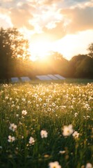 Sunlit Grass Field with Solar Panels in the Distance - Renewable Energy and Nature Harmony Concept for Eco-friendly Sustainability and Clean Power, Generative AI