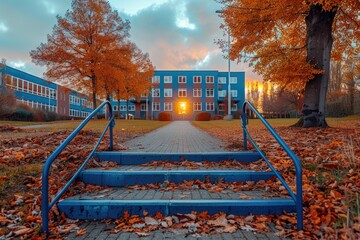 Wall Mural - Autumn Leaves Surrounding a Blue Staircase Leading to a Building