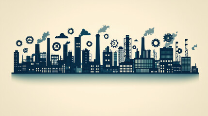 Sticker - Industrial-Themed Design Showcasing Silhouettes Of Factory Buildings, Smokestacks, And Gear Icons In A Subtle Gray Scale On A Pure White Background, Symbolizing Production And Efficiency