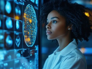 Focused Female Scientist Examining Brain Scan on Digital Screen