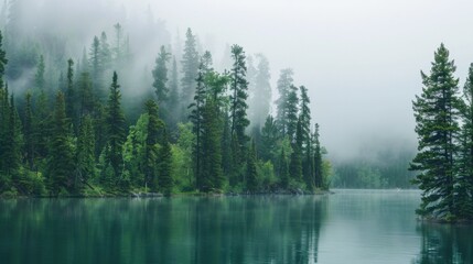 Aufkleber - A tranquil view of a secluded lake in Canada with lush pine forests surrounding it and a misty morning fog, serene setting with soft greens and blues, Wilderness style
