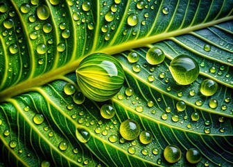 Dew-kissed Leaf Patterns: Green Swirls and Yellow Drips in Conceptual Photography