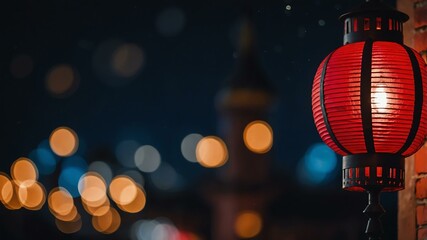 aesthetic decorative red street lantern on nighttime background. bokeh style