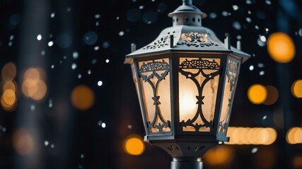 aesthetic decorative white street lantern on nighttime background. bokeh style