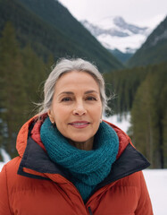 Portrait of a mature female in winter outdoor , happy woman in scenic mountain and forest landscape