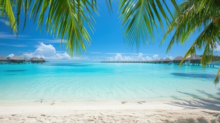 Aufkleber - A tranquil view of the idyllic beaches and palm trees of Bora Bora with luxurious overwater villas and crystal-clear turquoise waters, tropical setting with vivid blues and greens, Bora Bora style