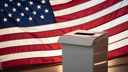 American flag in the background of a white ballot box