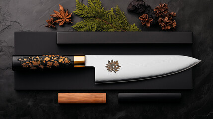 Japanese cooking knife with intricate designs on blade, set against dark stone background